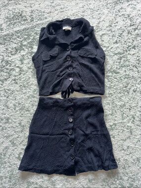 Black Button-Front Textured Mini Skirt Set - Women